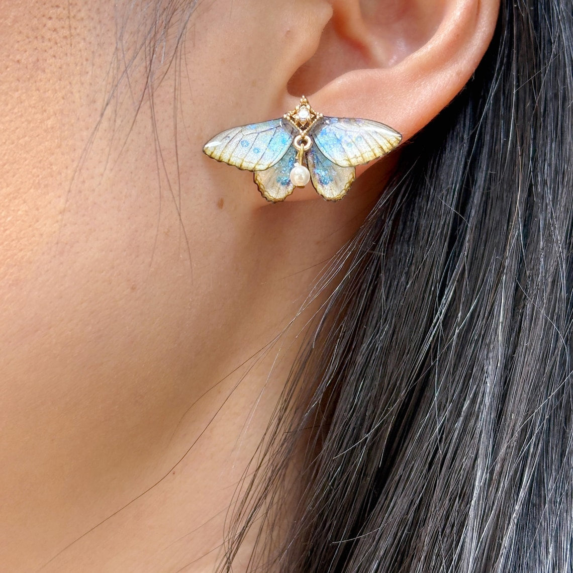 Moth Earrings, Cute Moth Wings With Pearl, Insect Fairy Resin Jewelry, Handmade Gift for her