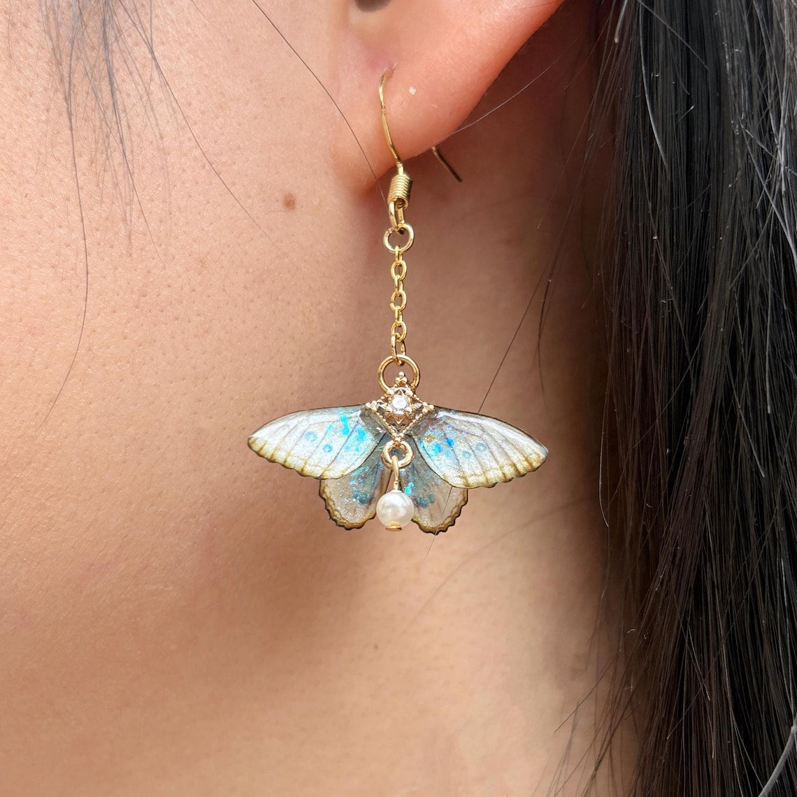 Moth Earrings, Cute Moth Wings With Pearl, Insect Fairy Resin Jewelry, Handmade Gift for her
