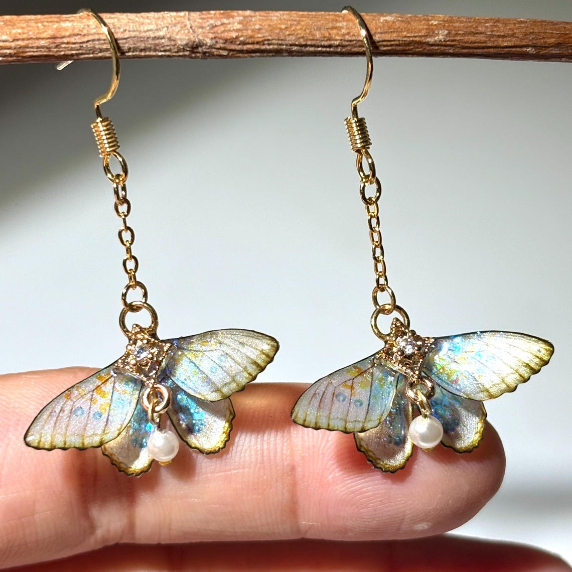 Moth Earrings, Cute Moth Wings With Pearl, Insect Fairy Resin Jewelry, Handmade Gift for her